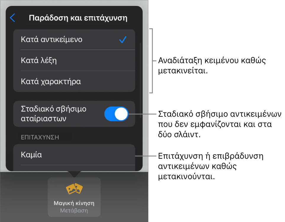 Επιλογές παράδοσης και επιτάχυνσης Μαγικής Κίνησης στο τμήμα «Επιτάχυνση».