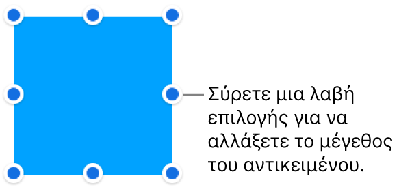 Ένα αντικείμενο με μπλε κουκκίδες στο περίγραμμά του για την αλλαγή του μεγέθους του αντικειμένου.