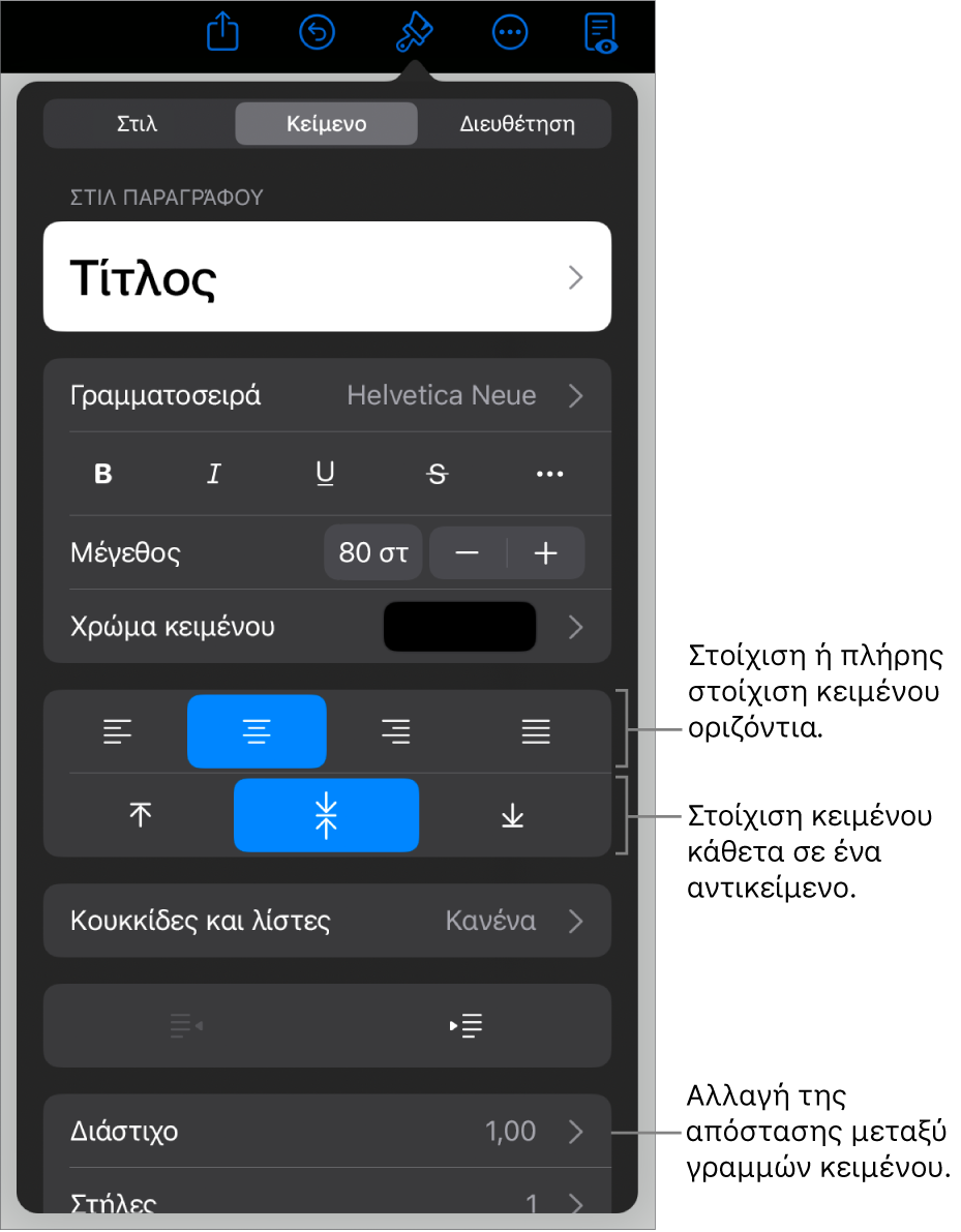 Το τμήμα «Διάταξη» με επεξηγήσεις στα κουμπιά στοίχισης και απόστασης κειμένου.