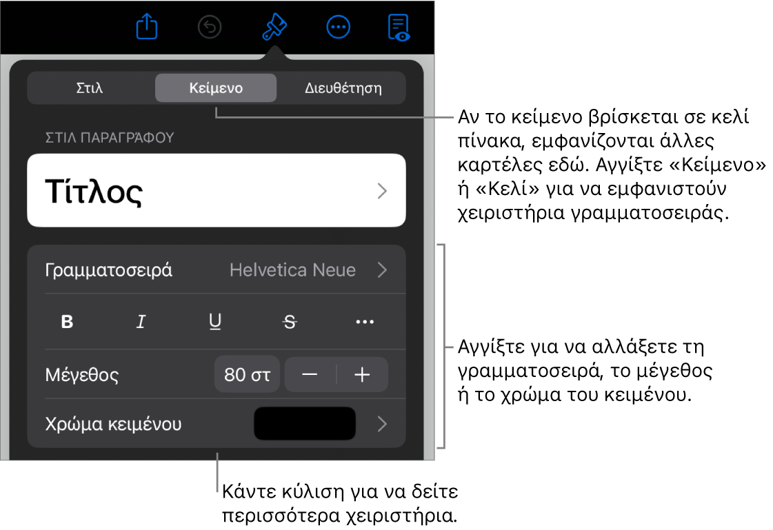 Στοιχεία ελέγχου κειμένου στο μενού «Μορφή» για τον καθορισμό στιλ παραγράφων και χαρακτήρων, γραμματοσειράς, μεγέθους και κειμένου.