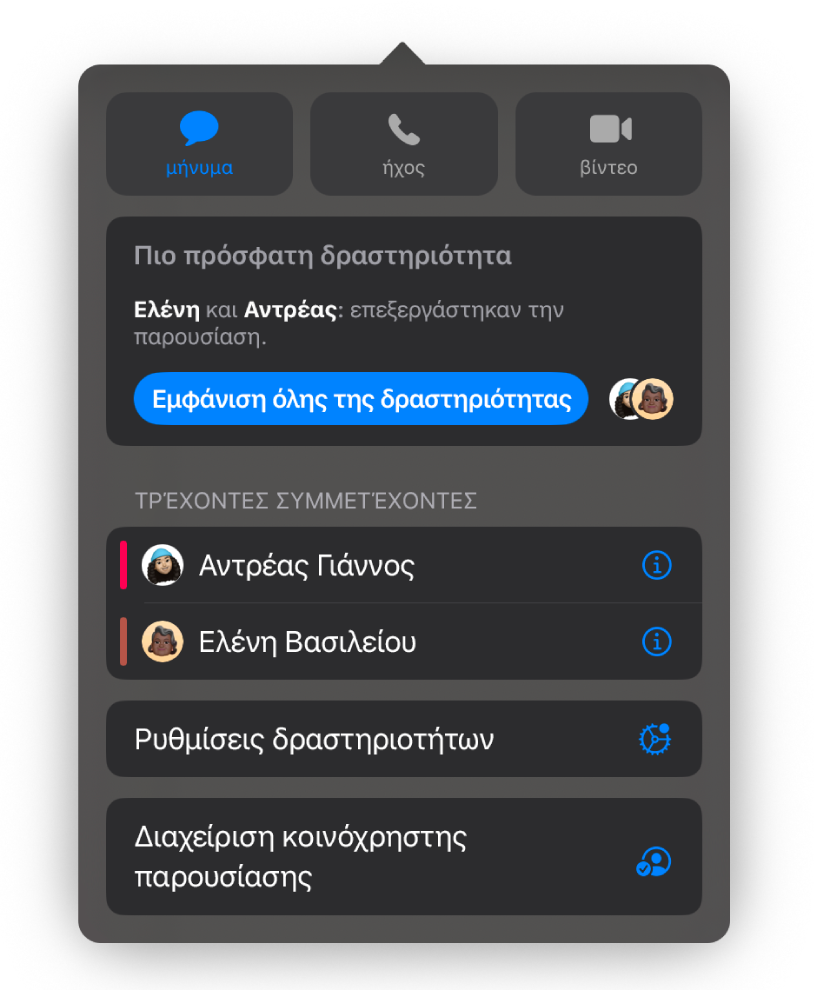 Το μενού συνεργασίας, στο οποίο εμφανίζονται τα ονόματα των ατόμων που συνεργάζονται στην παρουσίαση.