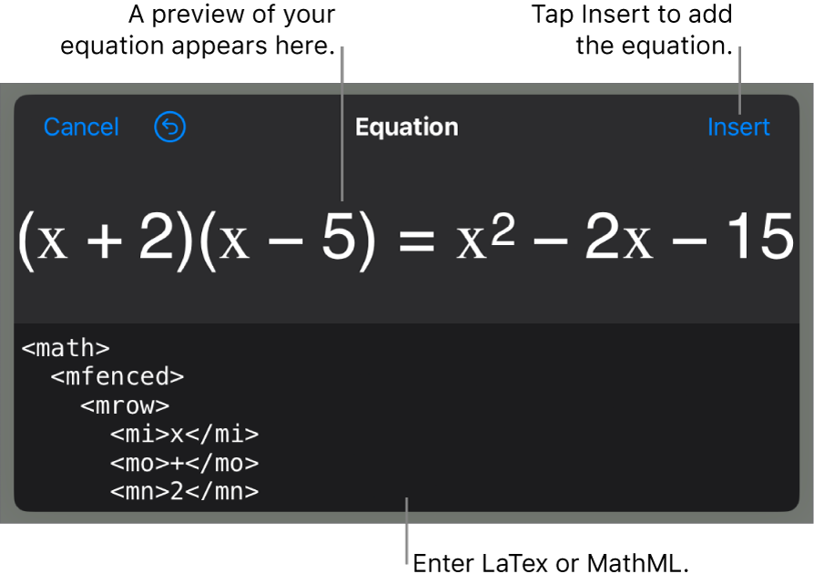 The Equation dialogue, showing an equation written using MathML commands and a preview of the formula above.