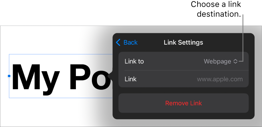 The Link Settings controls with Web Page selected, and the Remove Link button at the bottom.