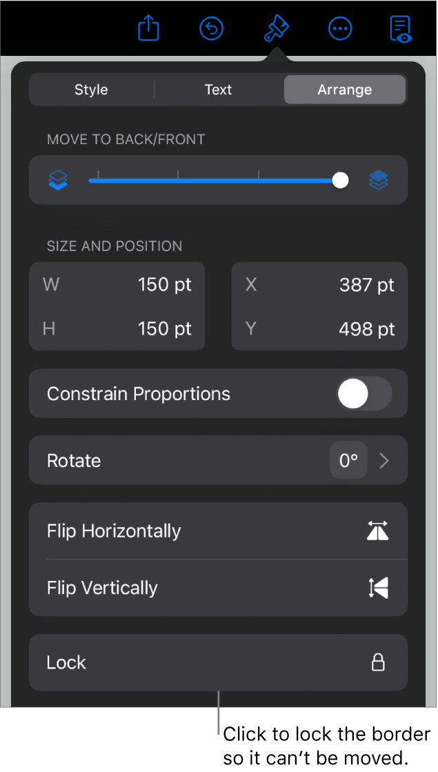 The Arrange controls in the Format menu with the Lock button called out.