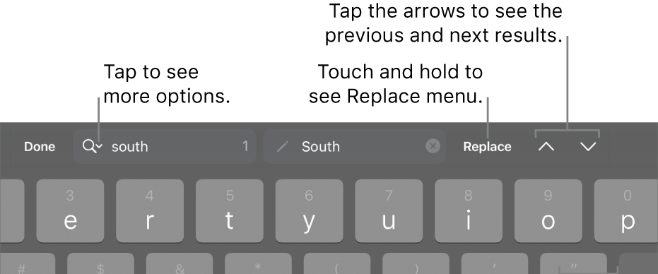 The Find & Replace controls above the keyboard with callouts to the Search Options, Replace, Go Up and Go Down buttons.