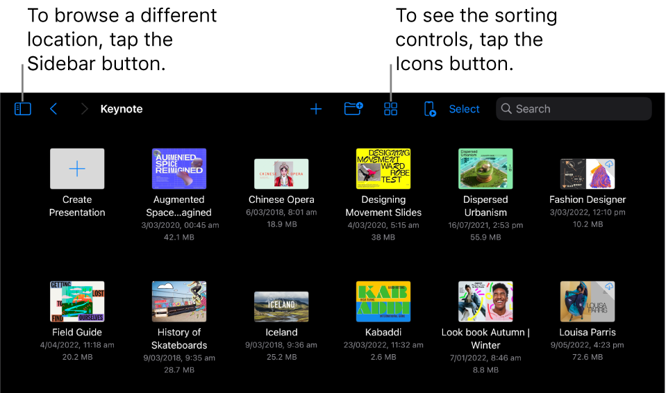 The browse view of the presentation manager with a location link in the top-left corner and a Search field at the top right. At the top of the screen are the Add button; the New Folder button; the Icons button used to filter by name, date, size, kind and tag; the Remote button; and the Select button. Below these are thumbnails of existing presentations.