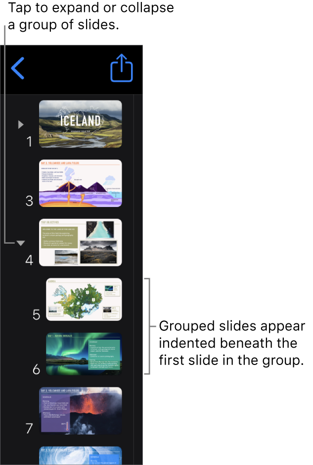 Slide navigator showing indented slides.