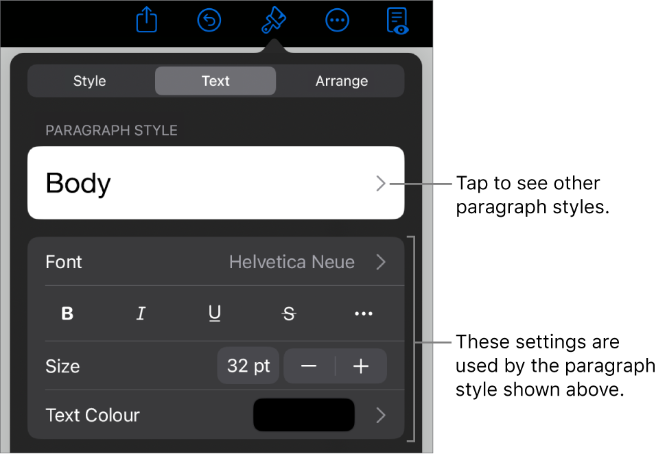 The Format menu showing text controls for setting paragraph and character styles, font, size and colour.