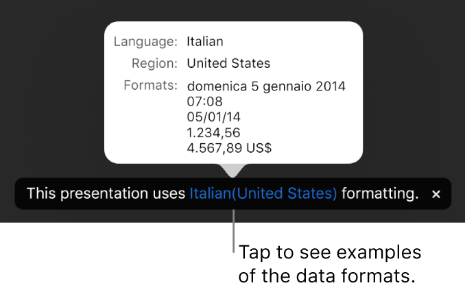 The notification of the different language and region settings, showing examples of formatting for that language and region.