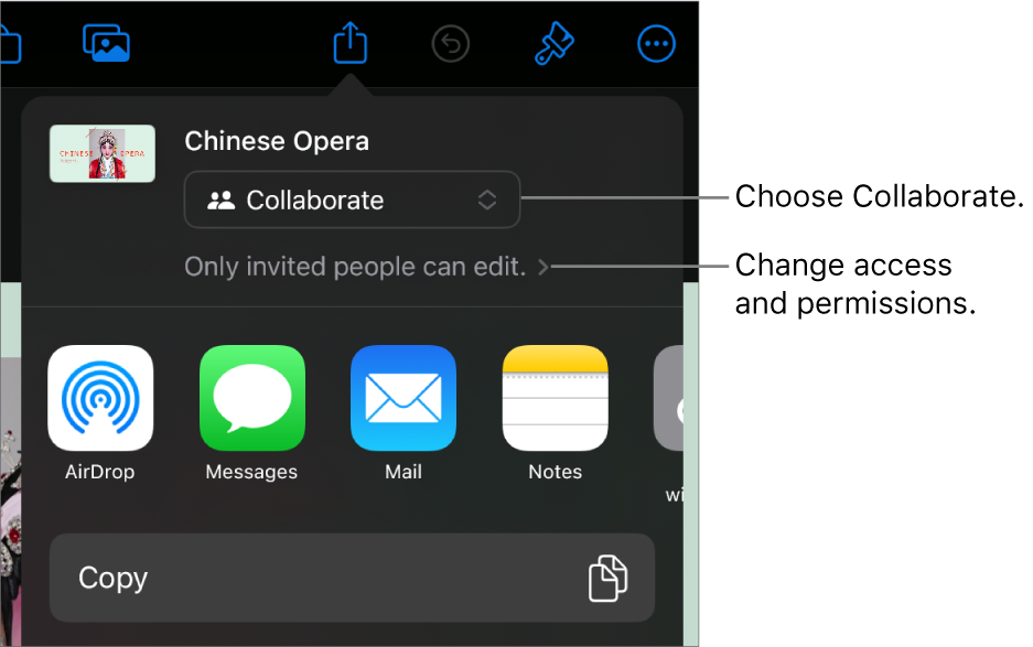 The Share menu with Collaborate selected at the top, and access and permission settings underneath.