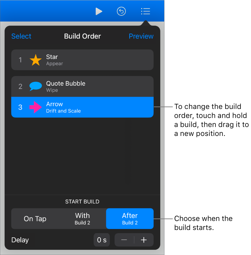 The Build Order list showing build in effects with yellow badges and build out effects with grey badges.
