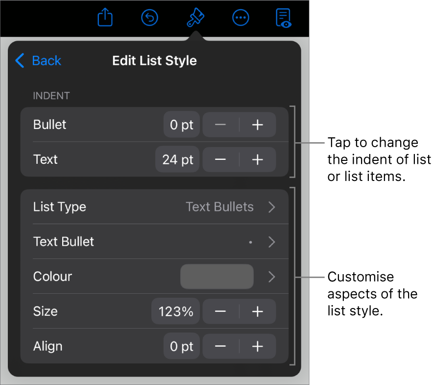 Edit List Style menu with controls for editing the list’s type and appearance.