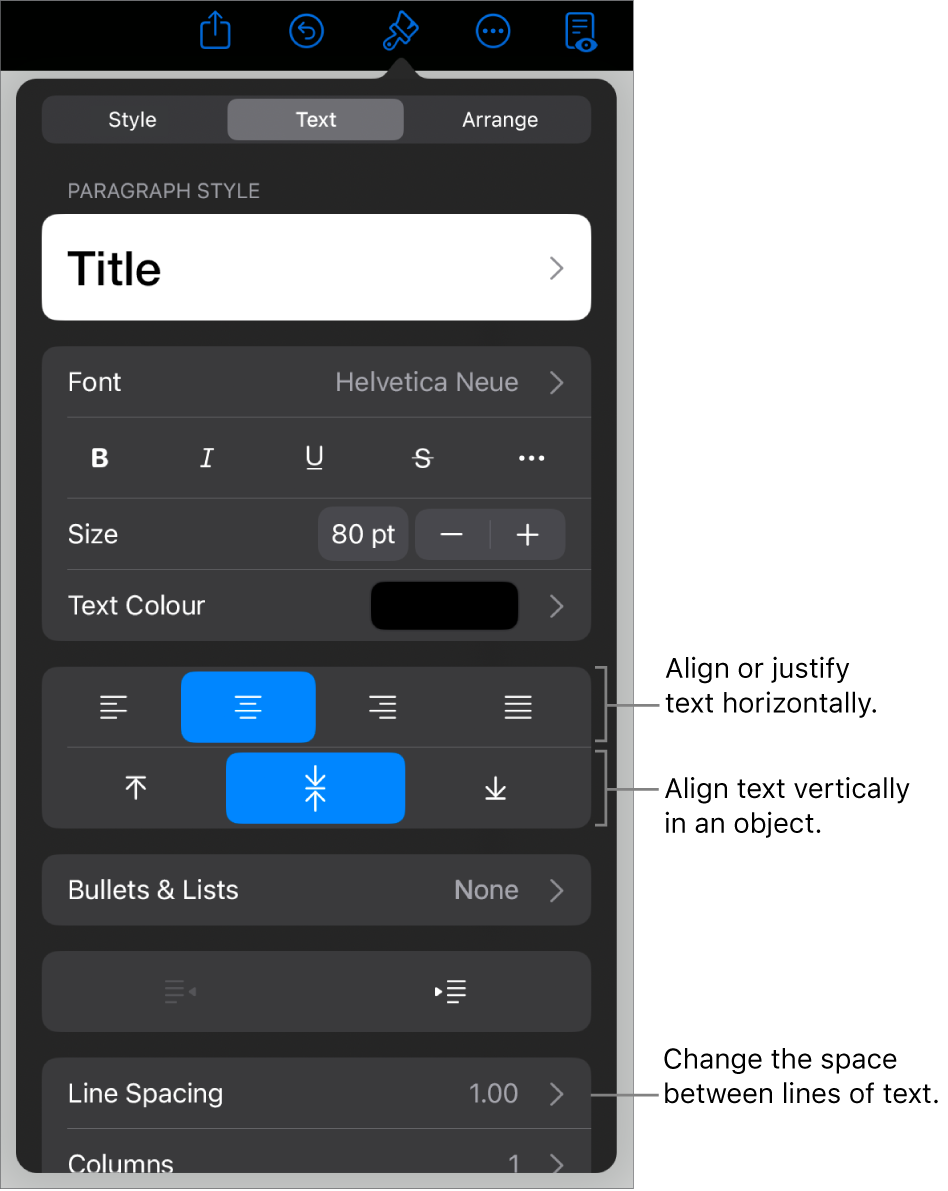 The Layout pane with a call out to the text alignment and spacing buttons.