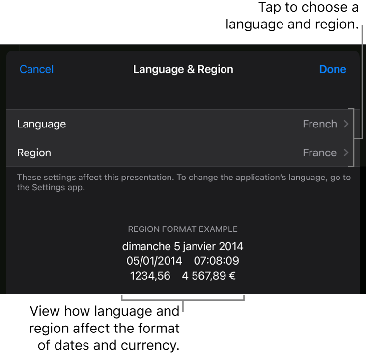 Language and Region pane with controls for language and region, and a format example including date, time, decimal and currency.