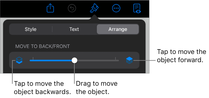 The Move Backward button, the Move Forward button and the layering slider.