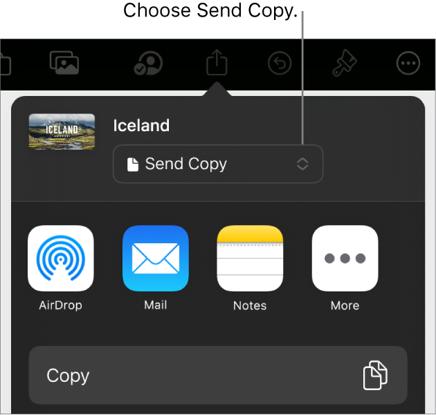 The Share menu with Send Copy selected at the top.