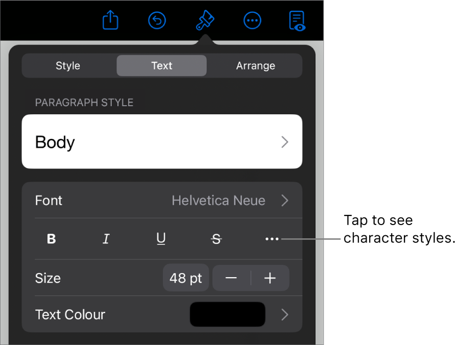 The Format controls with paragraph styles at the top, then Font controls. Below Font are the Bold, Italic, Underline, Strikethrough and More Text Options buttons.