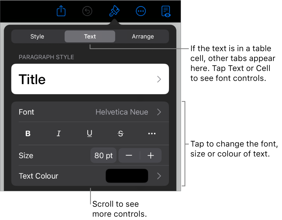 Text controls in the Format menu for setting paragraph and character styles, font, size and colour.