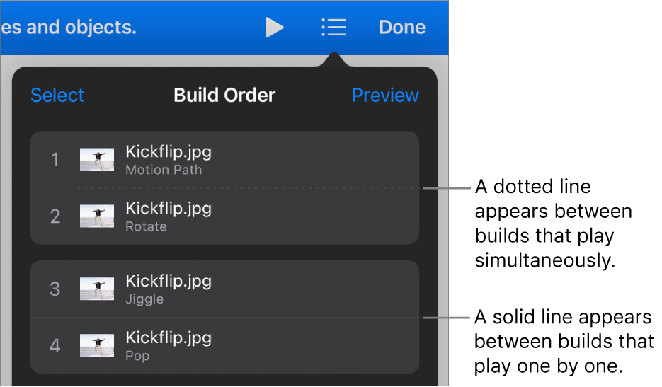 The Build Order menu, with a dotted line appearing between builds that play simultaneously and a solid line between builds that play one by one.