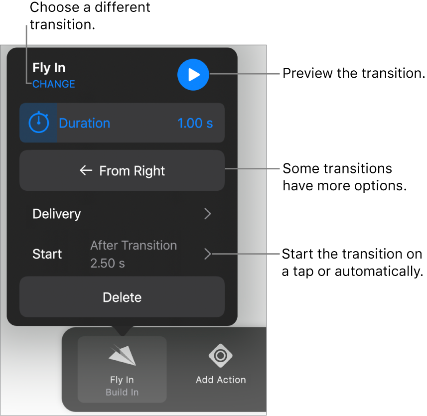 Controls in the Options pane for modifying a transition.