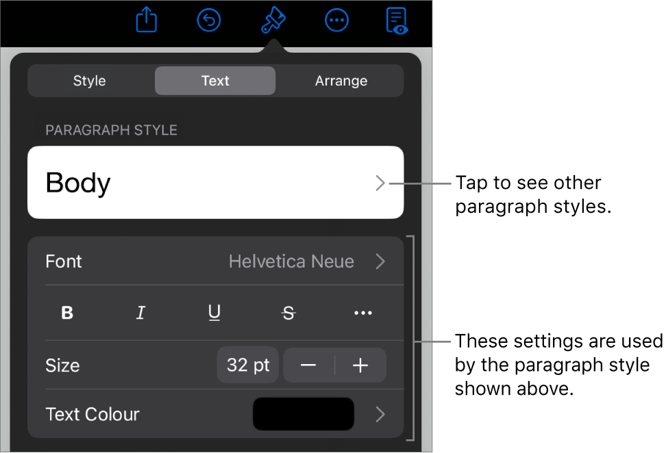 The Format menu showing text controls for setting paragraph and character styles, font, size and colour.