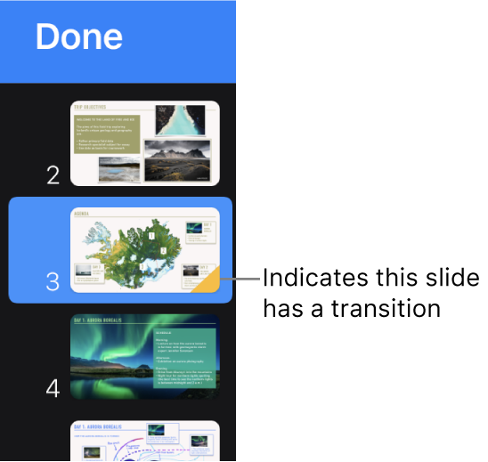 A yellow triangle on a slide indicates the slide has a transition.