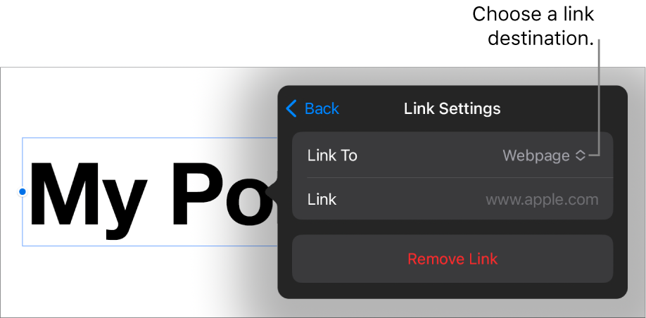 The Link Settings controls with Web Page selected and the Remove Link button at the bottom.