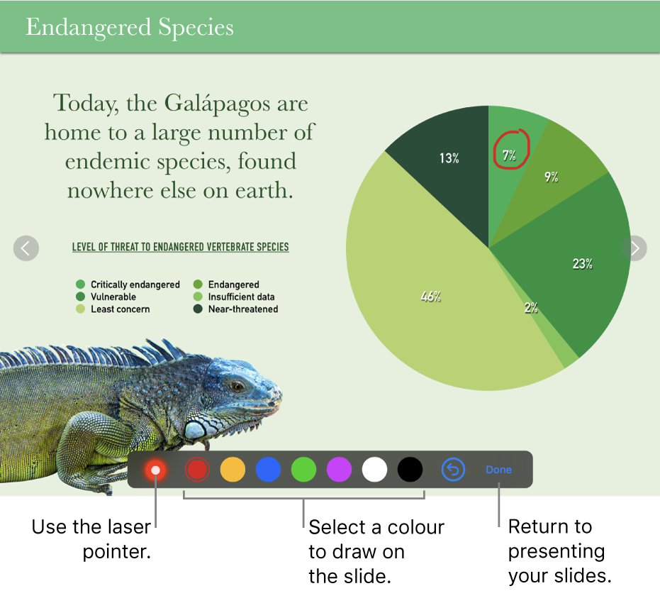 A slide in slide illustration mode showing the laser pointer and colour selection controls.