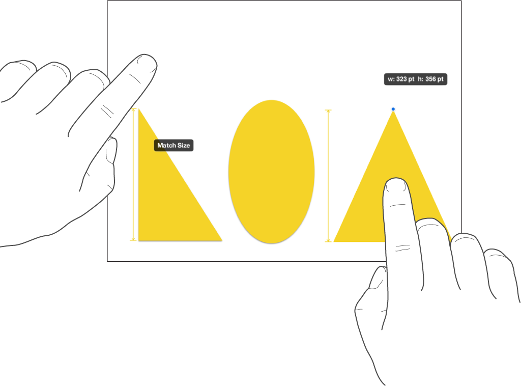 One finger just above a shape and another holding an object with Match Size on the screen.