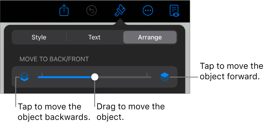 The Move Backward button, the Move Forward button and the layering slider.