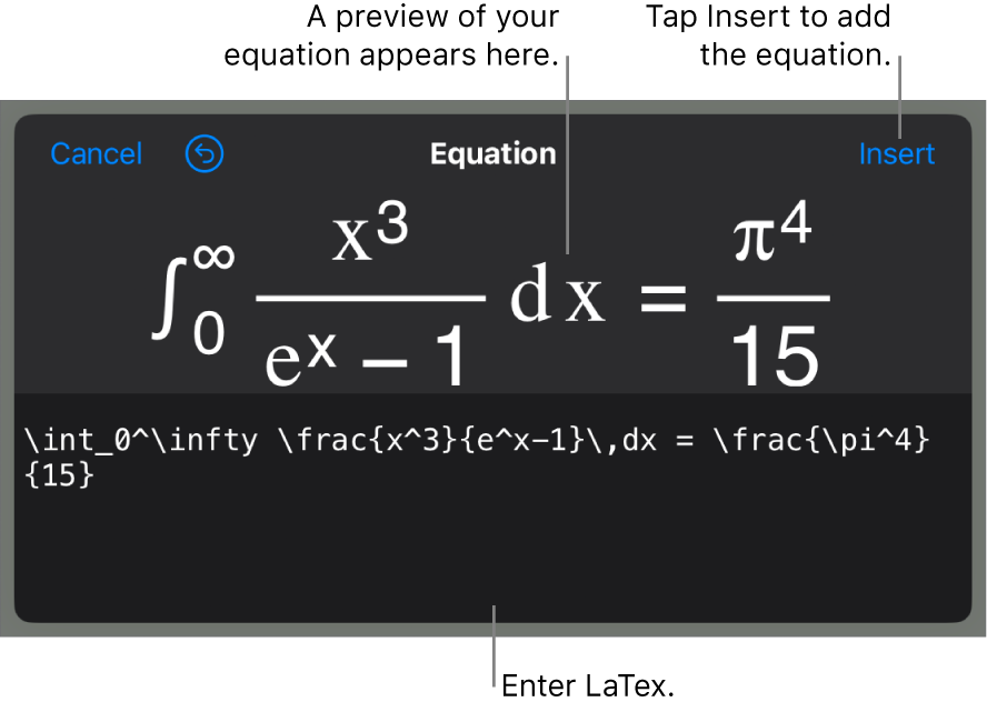 The Equation dialogue, showing an equation written using LaTex commands, and a preview of the formula above.