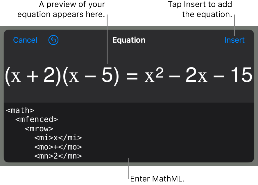 The Equation dialogue, showing an equation written using MathML commands, and a preview of the formula above.