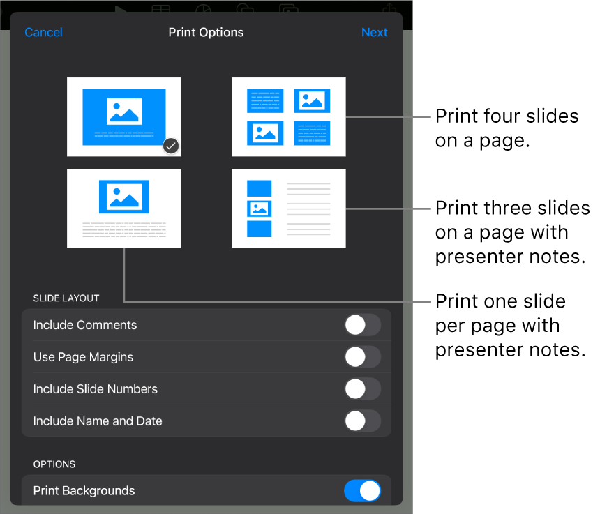 Print layout options.