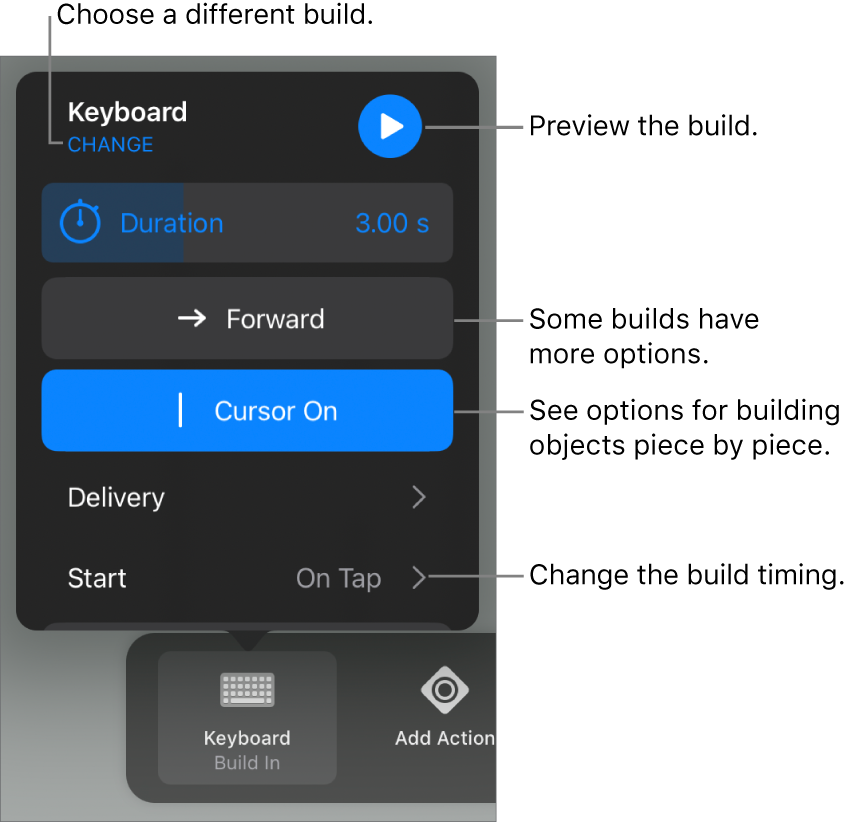 Build options include Duration, Delivery, and Start timing. Tap Change to choose a different build, or tap Preview to preview the build.