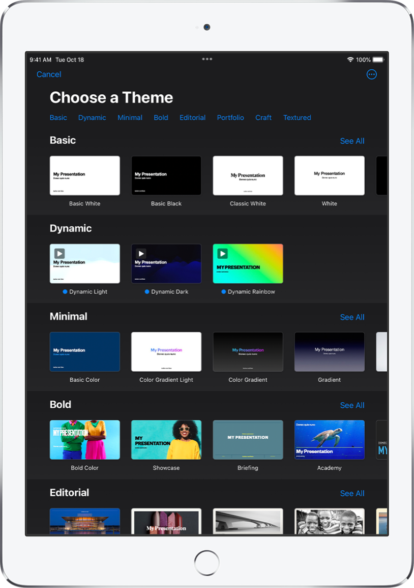 The theme chooser, showing a row of categories across the top that you can tap to filter the options. Below are thumbnails of predesigned themes arranged in rows by category.