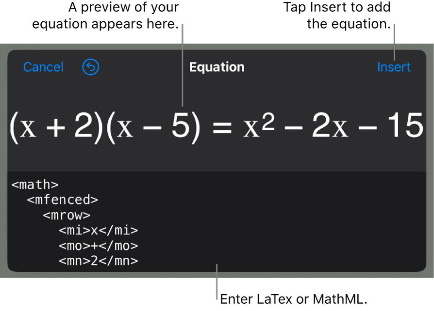 The Equation dialog, showing an equation written using MathML commands, and a preview of the formula above.