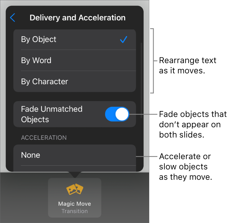 Magic Move delivery and acceleration options in the Acceleration pane.