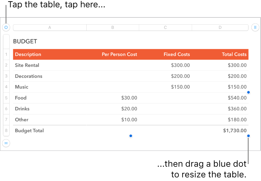 A selected table with blue dots for resizing.