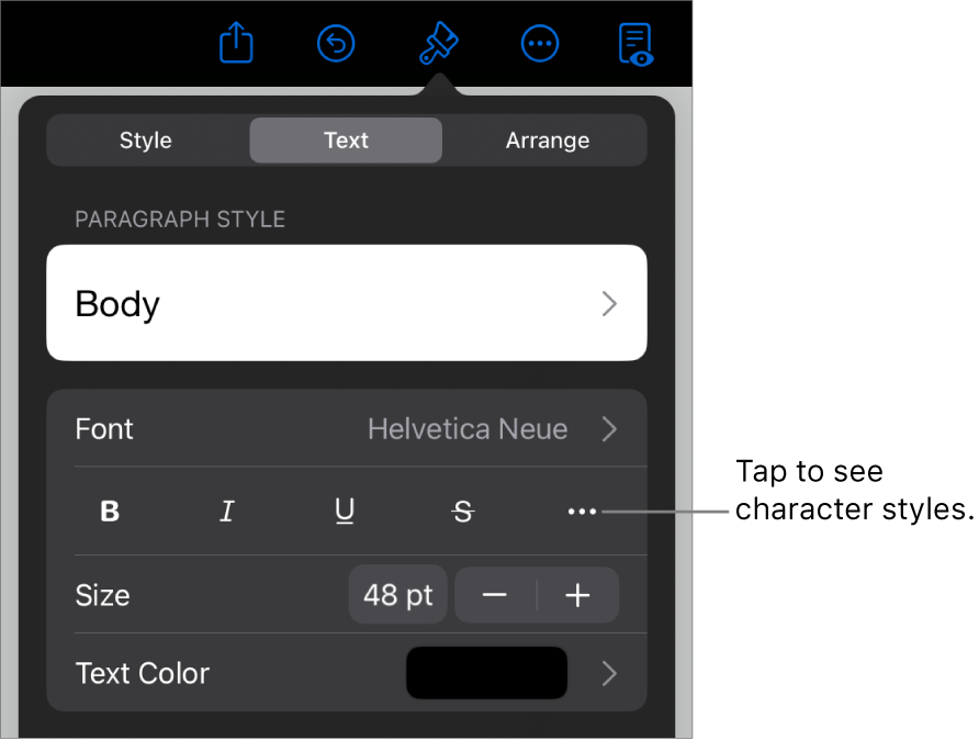 The Format controls with paragraph styles at the top, then Font controls. Below Font are the Bold, Italic, Underline, Strikethrough, and More Text Options buttons.