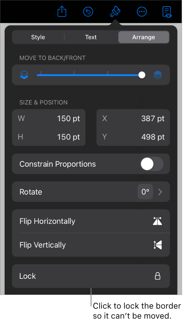 The Arrange controls in the Format menu with the Lock button called out.