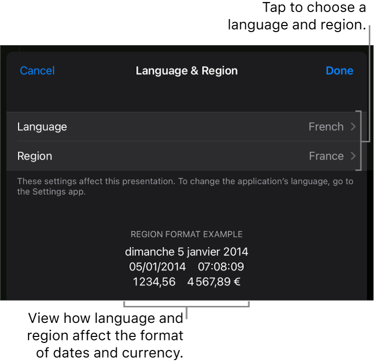 Language and Region pane with controls for language and region, and a format example including date, time, decimal, and currency.