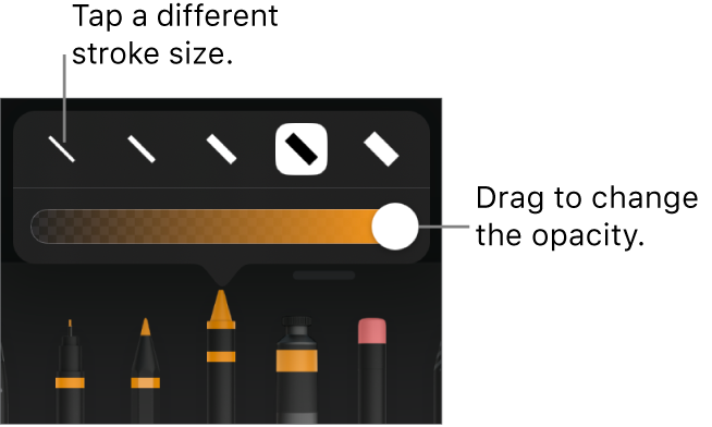 Controls for choosing a stroke size and a slider for adjusting the opacity.