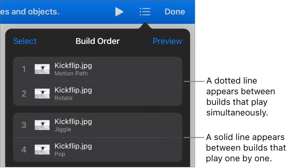 The Build Order menu, with a dotted line appearing between builds that play simultaneously and a solid line between builds that play one by one.