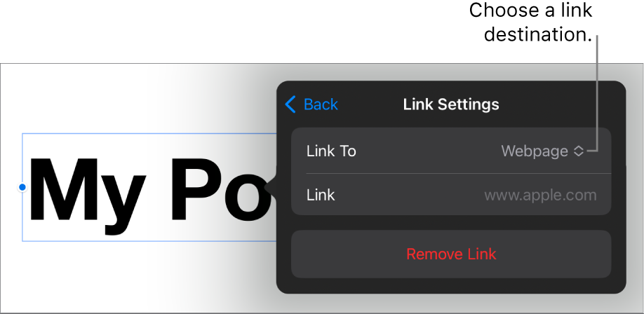 The Link Settings controls with Webpage selected, and the Remove Link button at the bottom.