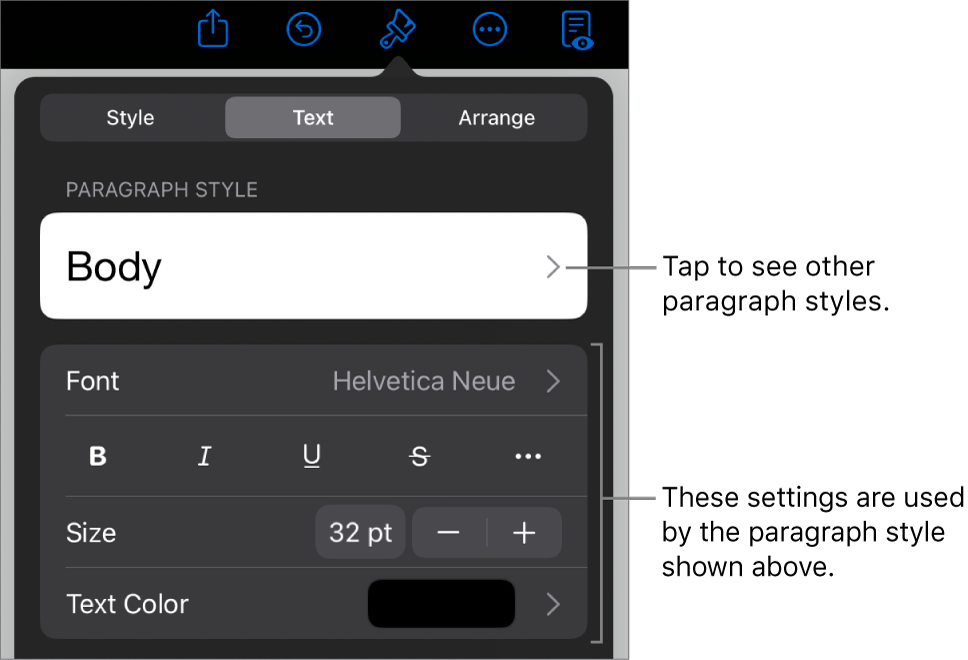 The Format menu showing text controls for setting paragraph and character styles, font, size, and color.