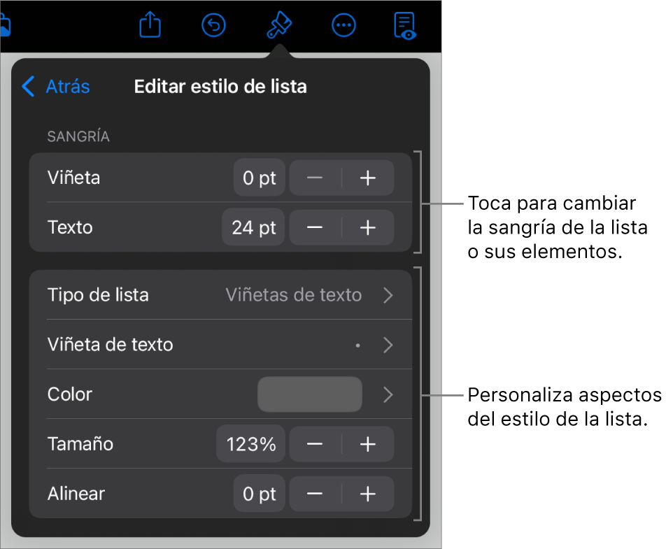 El menú Editar estilo de lista con controles para editar el tipo y aspecto de la lista.