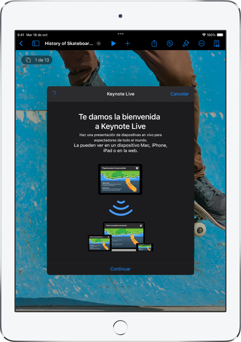 Una ventana presentando Keynote Live con el botón Continuar en la parte inferior.