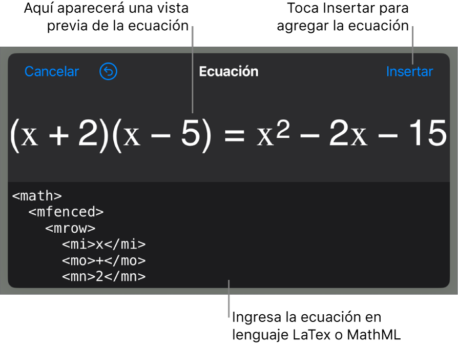 El cuadro de diálogo Ecuación con una ecuación escrita con comandos de MathML y una previsualización de la fórmula encima.