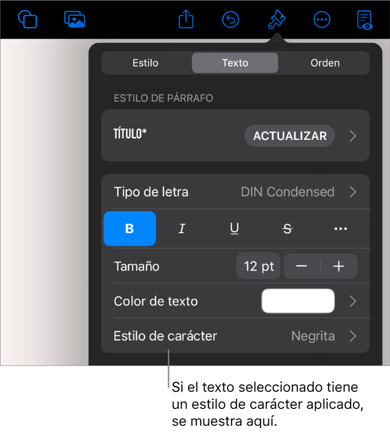 Los controles de formato de texto con Estilo de carácter debajo de los controles de color. El estilo de carácter Ninguno aparece con un asterisco.