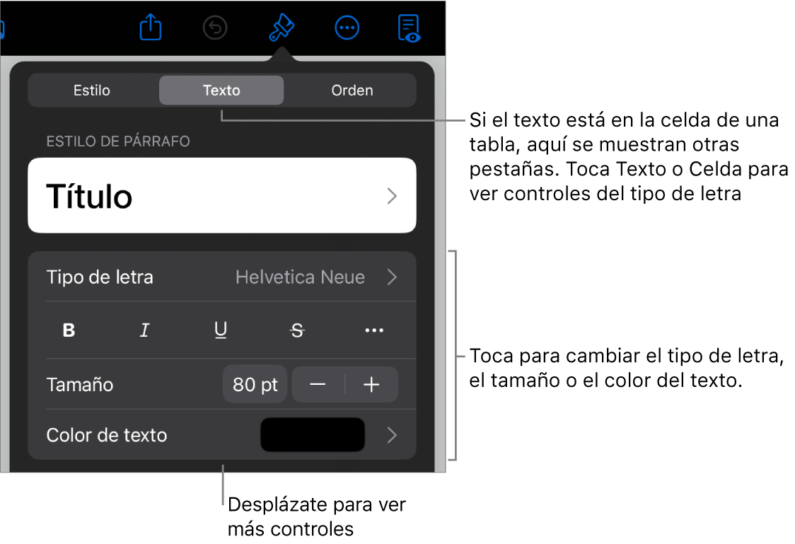Controles de texto en el menú Formato para configurar los estilos de párrafo y carácter, tipo de letra, tamaño y color.